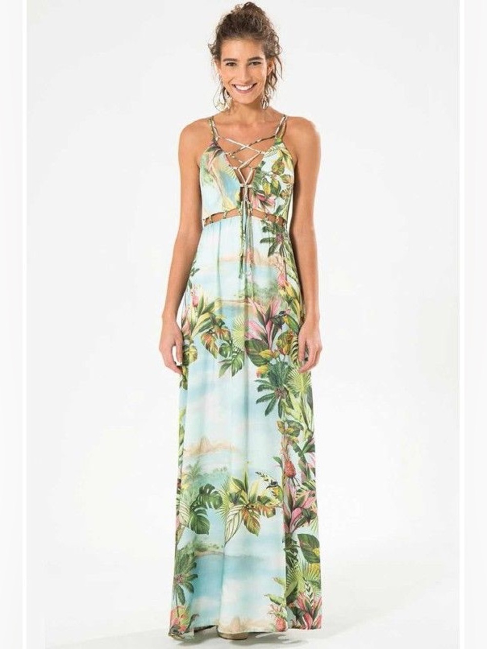 FARM RIO Tropical Print Tie Up Open Back Maxi Dress